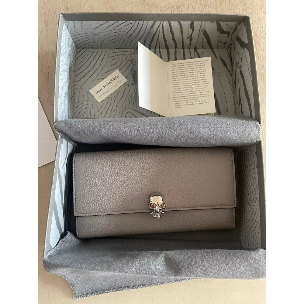 Alexander McQueen Gray Leather Skull Wallet, New In Box